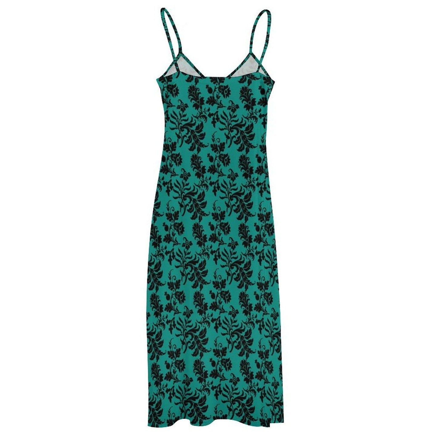 Teal Floral Maxi Dress, Black Damask Print, Spaghetti Strap Sundress, Gothic Style