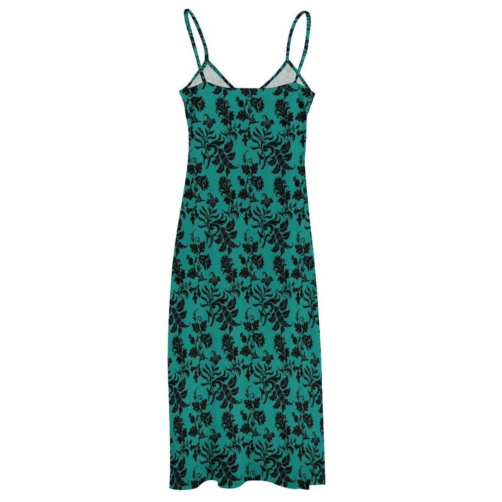 Teal Floral Maxi Dress, Black Damask Print, Spaghetti Strap Sundress, Gothic Style