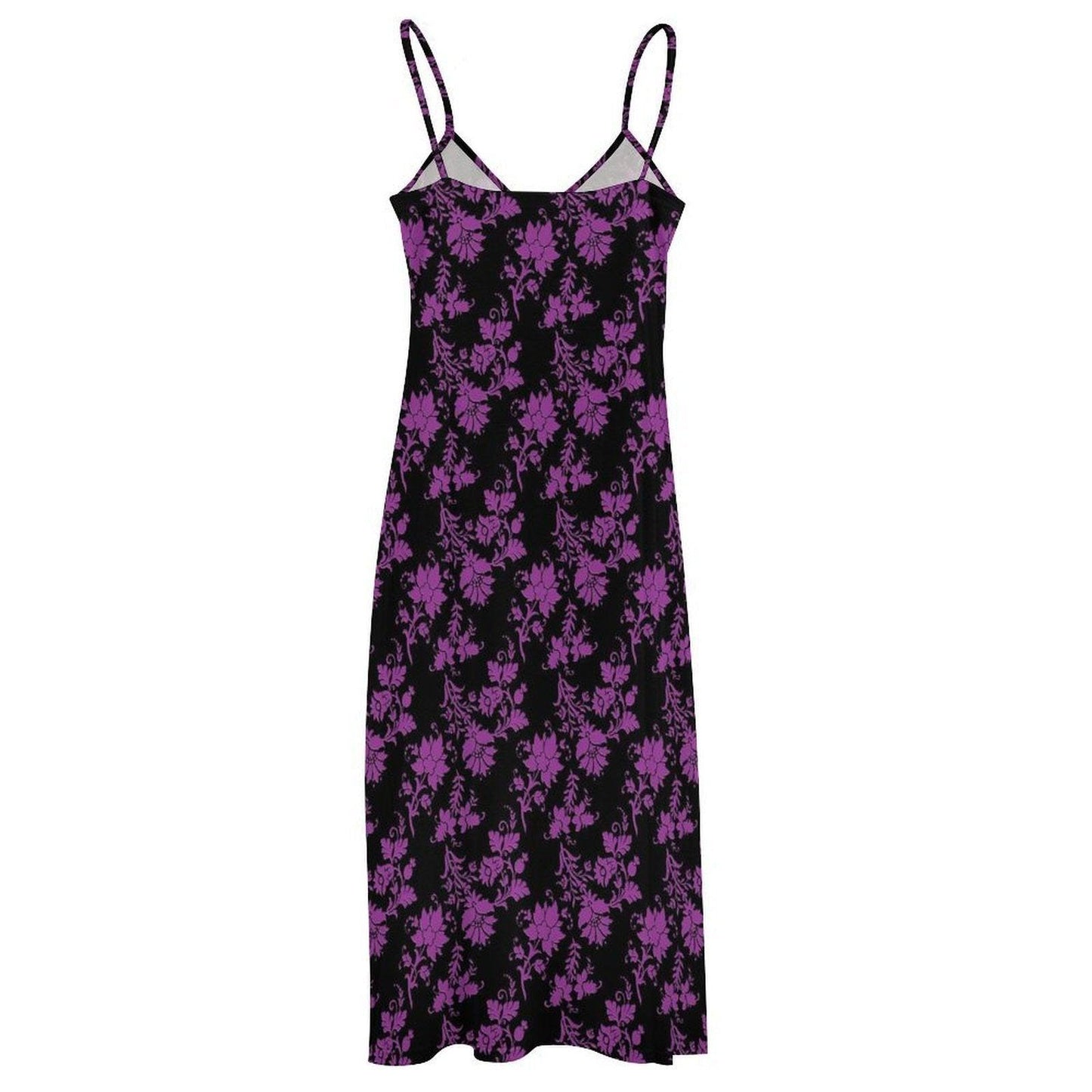 Whimsigoth Maxi Dress, Purple Floral Print, V Neck Spaghetti Strap Sundress