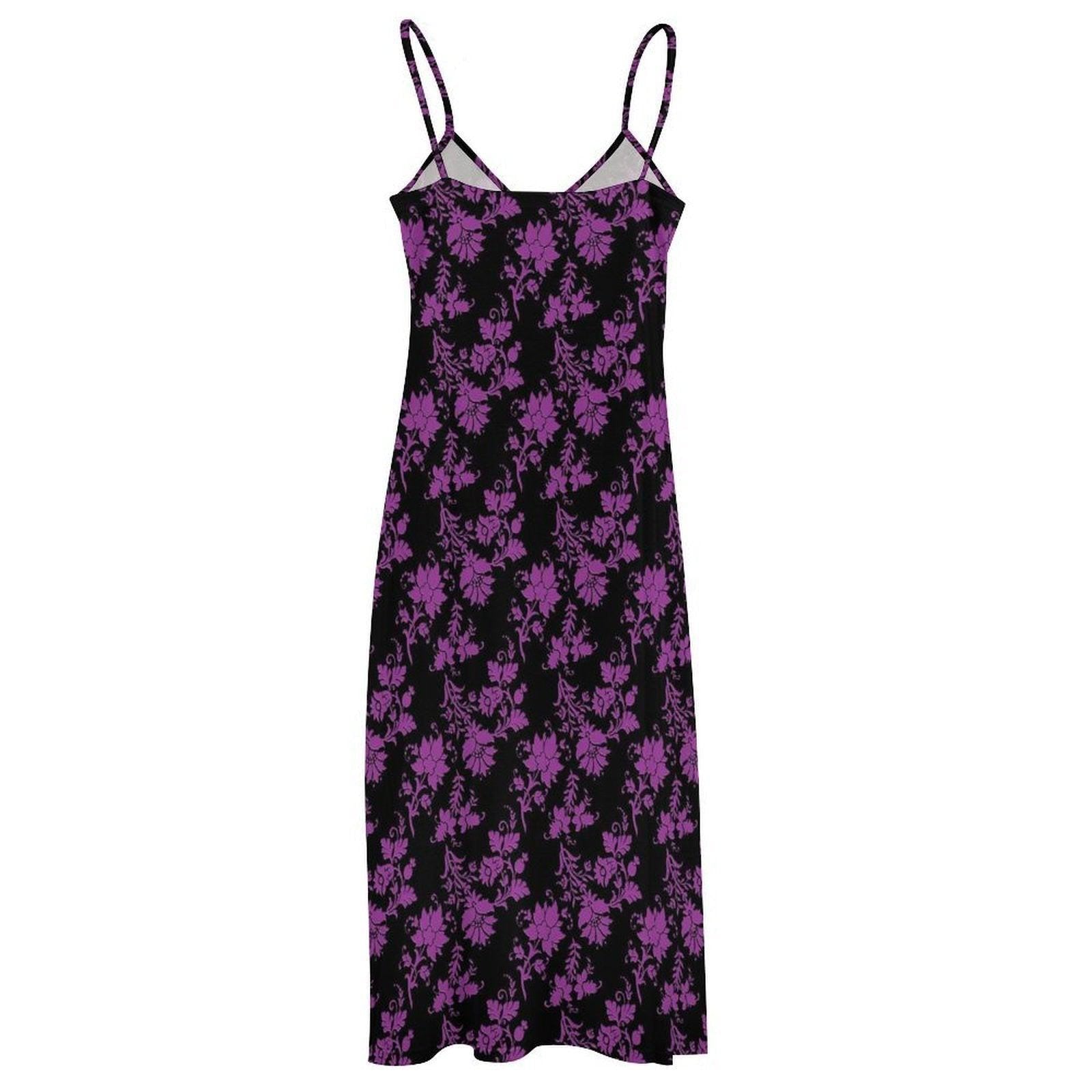 Whimsigoth Maxi Dress, Purple Floral Print, V Neck Spaghetti Strap Sundress