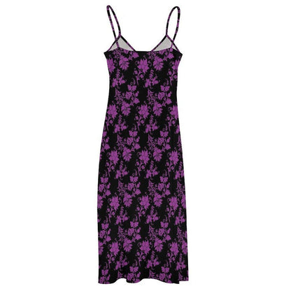 Whimsigoth Maxi Dress, Purple Floral Print, V Neck Spaghetti Strap Sundress