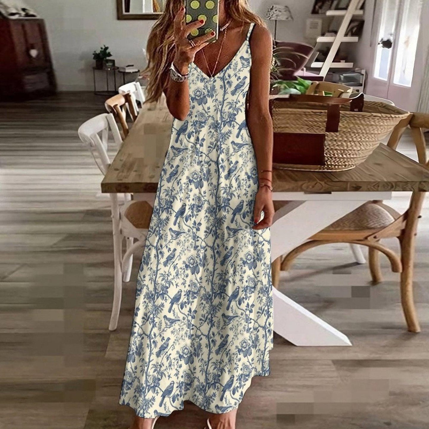 Chinoiserie Maxi Dress, Blue Floral Bird Print Sundress, Grandmillennial Coastal Wedding Guest
