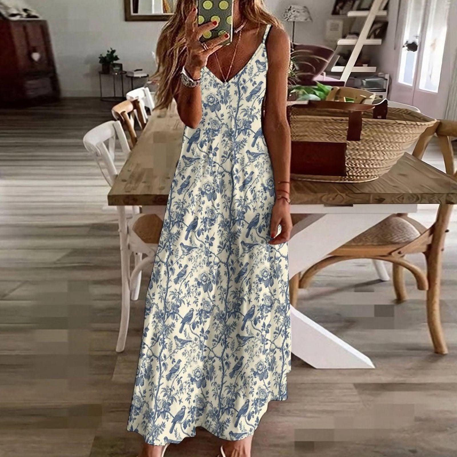 Chinoiserie Maxi Dress, Blue Floral Bird Print Sundress, Grandmillennial Coastal Wedding Guest