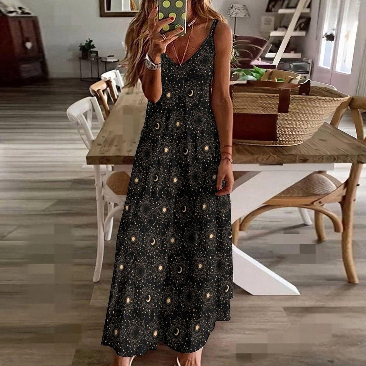 Black Moon and Star Print Maxi Dress with Spaghetti Straps
