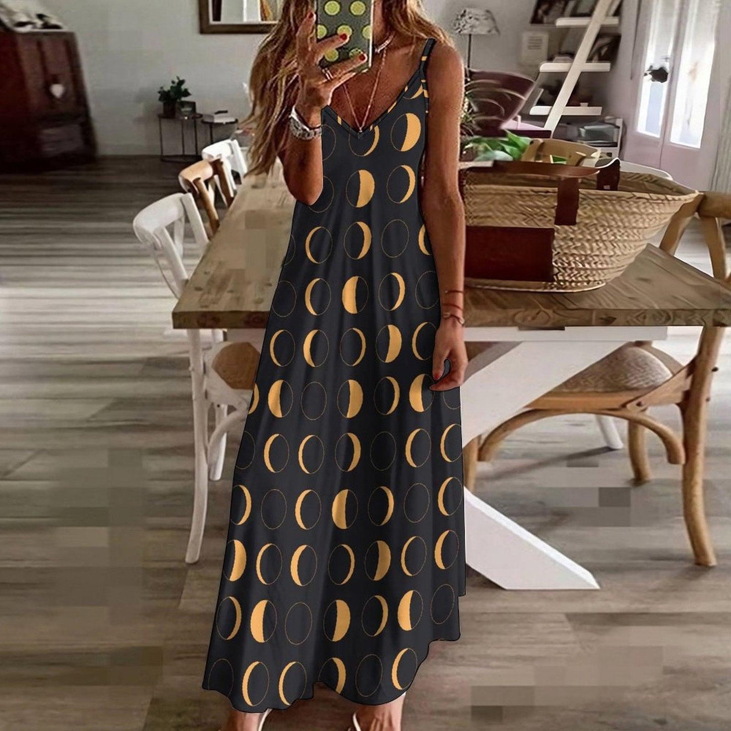 Black and Yellow Moon Phase Print Maxi Dress with Spaghetti Straps