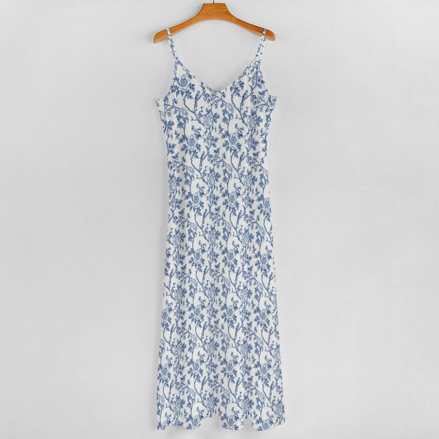 Blue White Toile Maxi Dress, Chinoiserie Floral V Neck Sundress, Coastal Summer Vacation