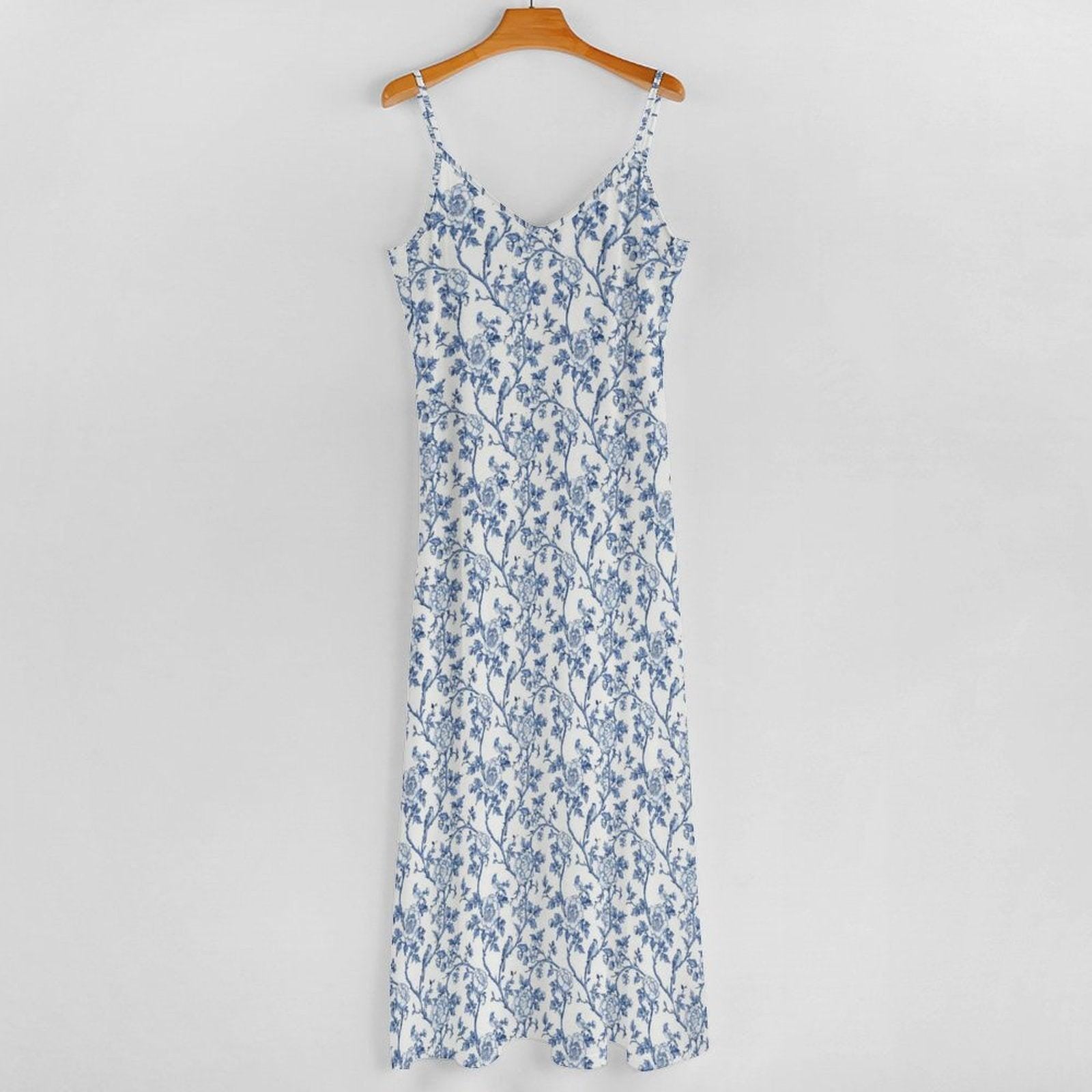 Blue White Toile Maxi Dress, Chinoiserie Floral V Neck Sundress, Coastal Summer Vacation