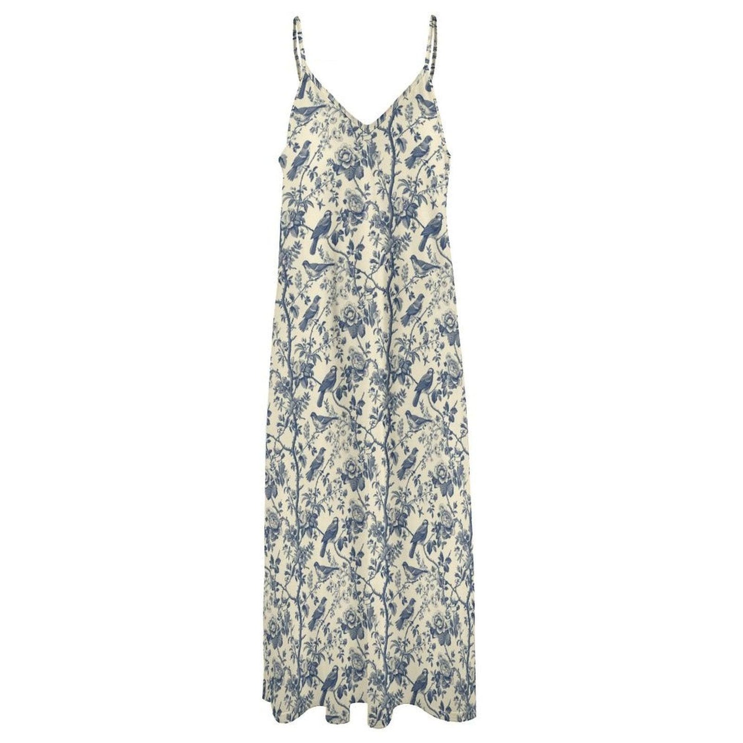Chinoiserie Maxi Dress, Blue Floral Bird Print Sundress, Grandmillennial Coastal Wedding Guest