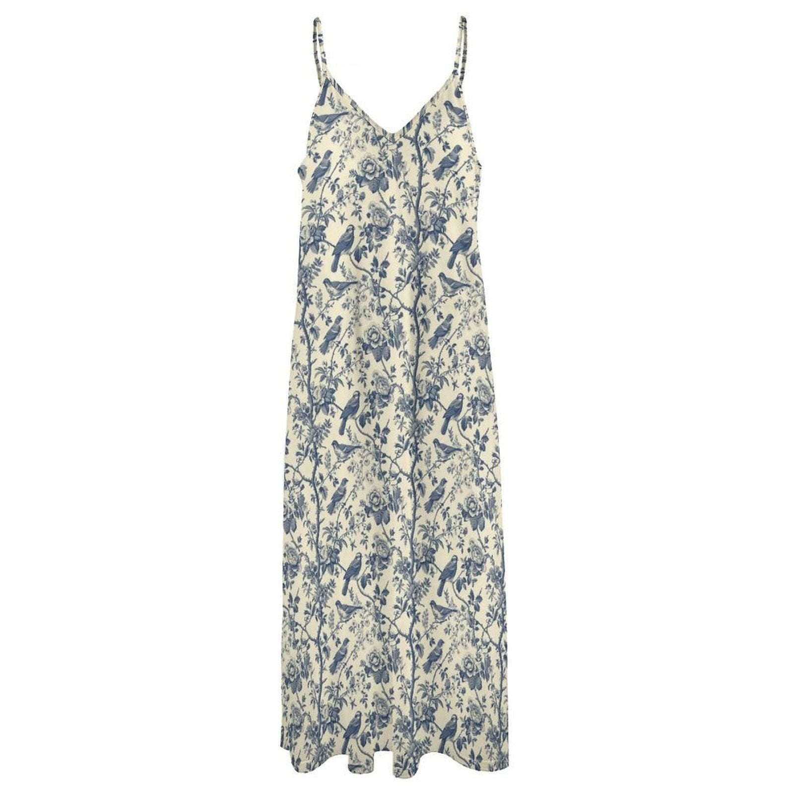 Chinoiserie Maxi Dress, Blue Floral Bird Print Sundress, Grandmillennial Coastal Wedding Guest