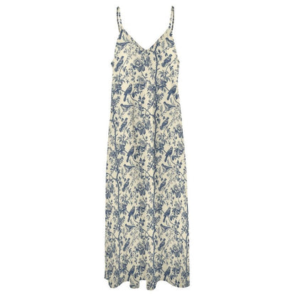 Chinoiserie Maxi Dress, Blue Floral Bird Print Sundress, Grandmillennial Coastal Wedding Guest