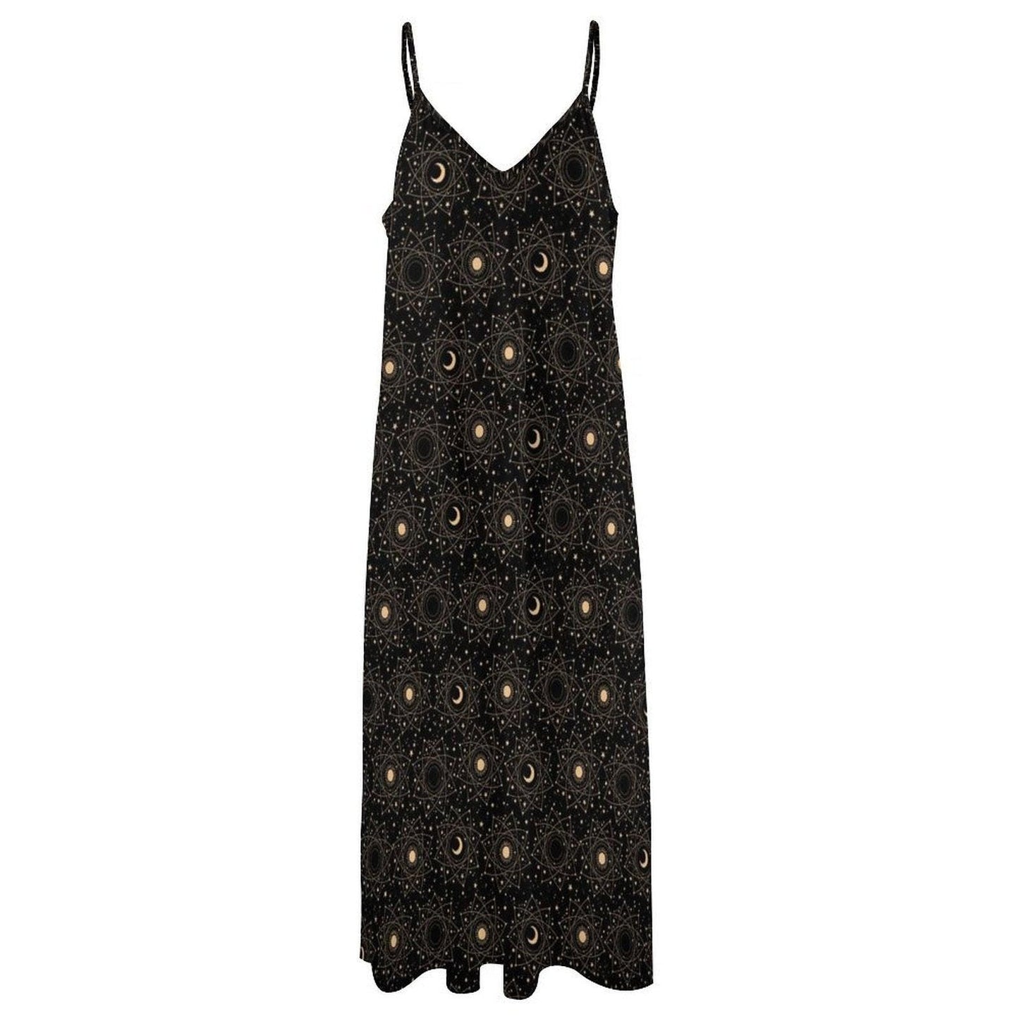 Black Moon and Star Print Maxi Dress with Spaghetti Straps