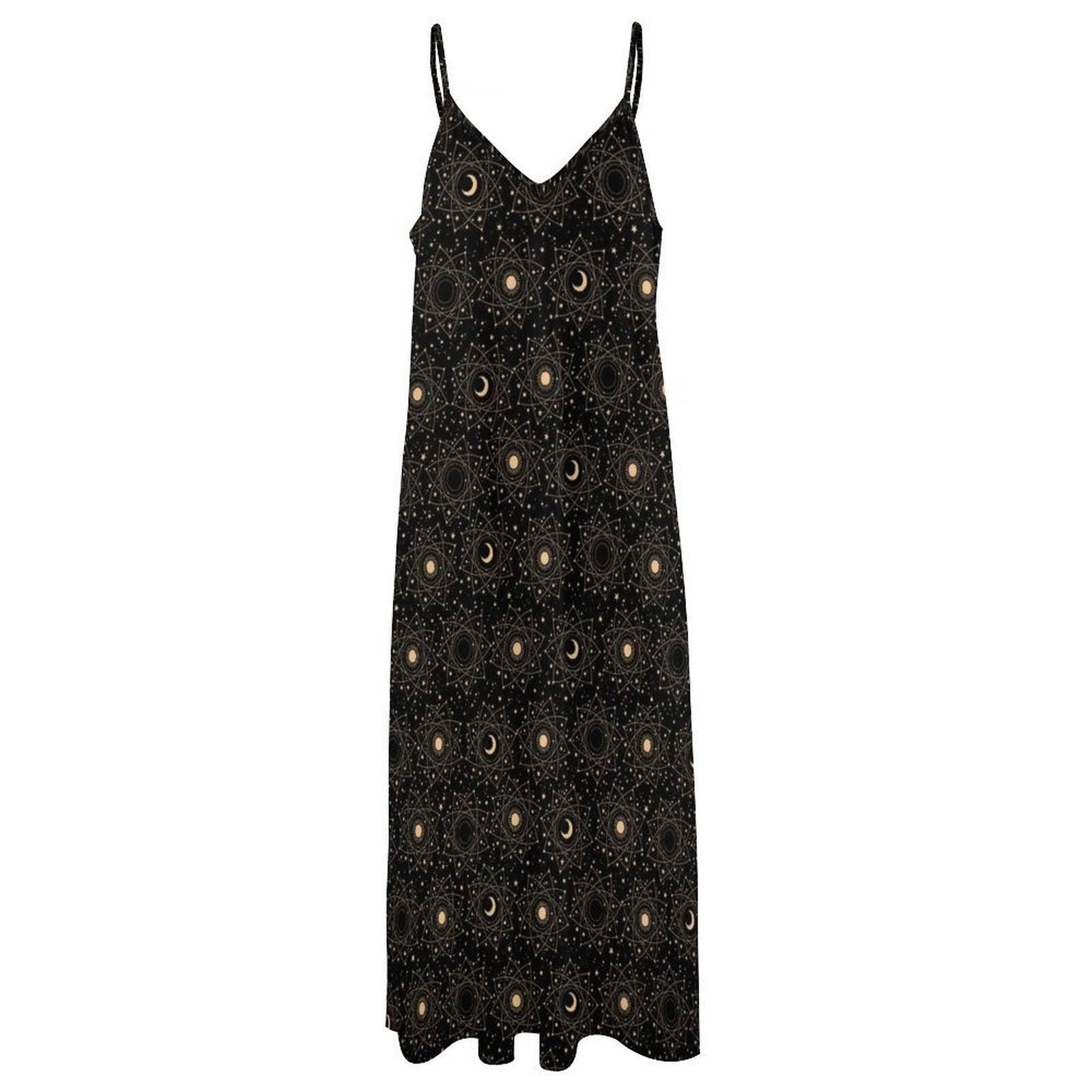 Black Moon and Star Print Maxi Dress with Spaghetti Straps