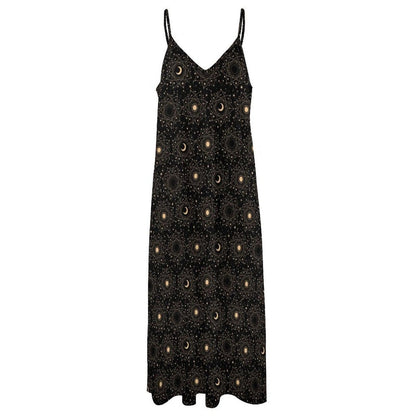 Black Moon and Star Print Maxi Dress with Spaghetti Straps