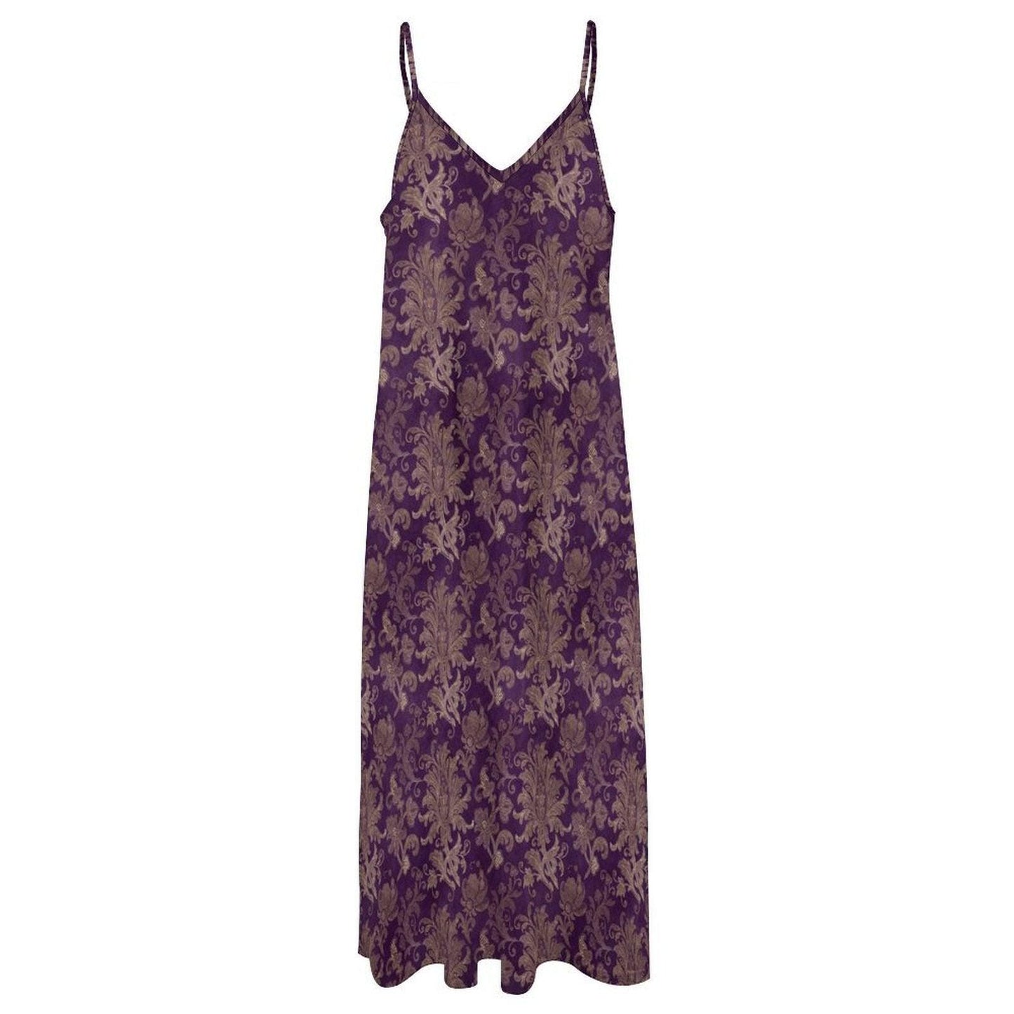 Purple and Taupe Damask Floral Print Maxi Dress with Spaghetti Straps