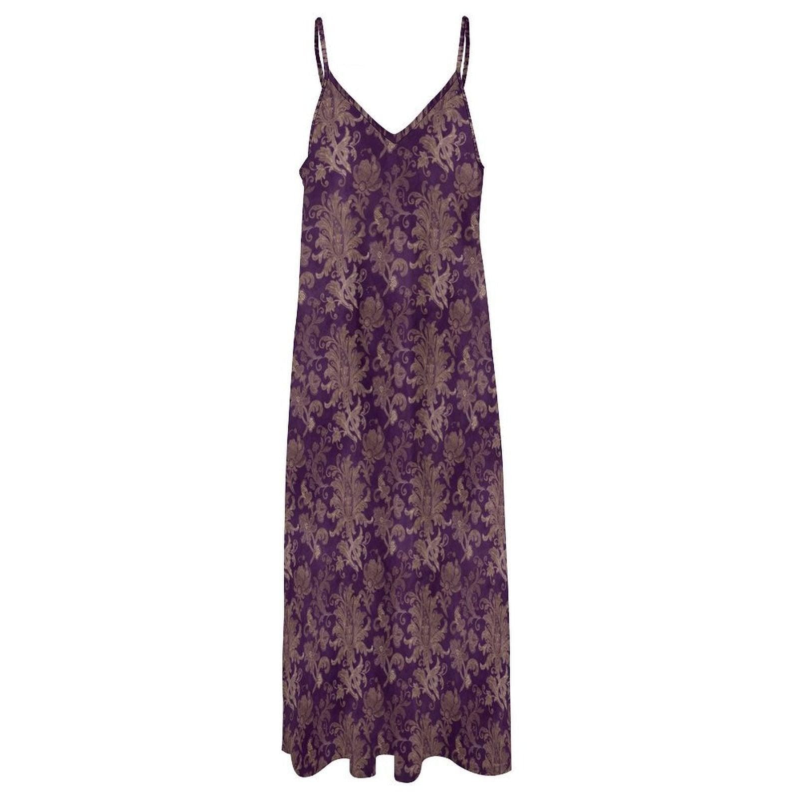 Purple and Taupe Damask Floral Print Maxi Dress with Spaghetti Straps