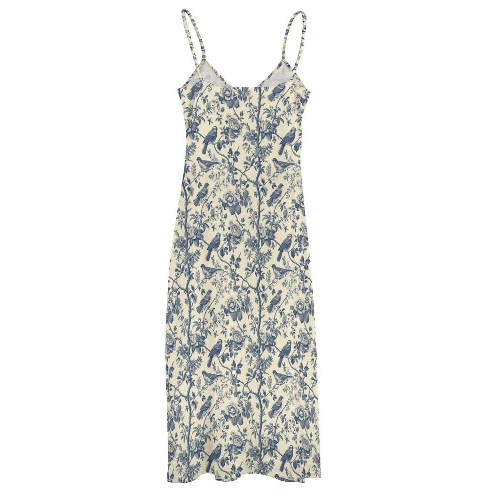 Chinoiserie Maxi Dress, Blue Floral Bird Print Sundress, Grandmillennial Coastal Wedding Guest