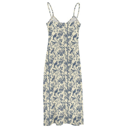 Chinoiserie Maxi Dress, Blue Floral Bird Print Sundress, Grandmillennial Coastal Wedding Guest