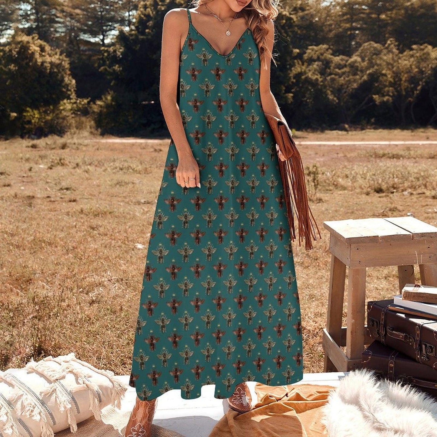 Teal Green Bee Print Maxi Dress, Vintage Honeybee Cottagecore Sundress