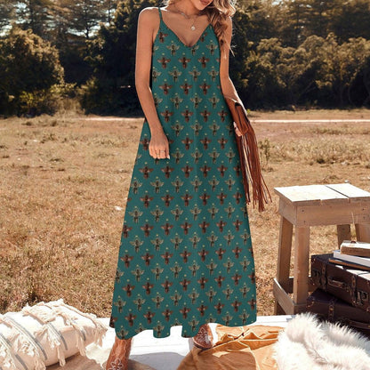 Teal Green Bee Print Maxi Dress, Vintage Honeybee Cottagecore Sundress