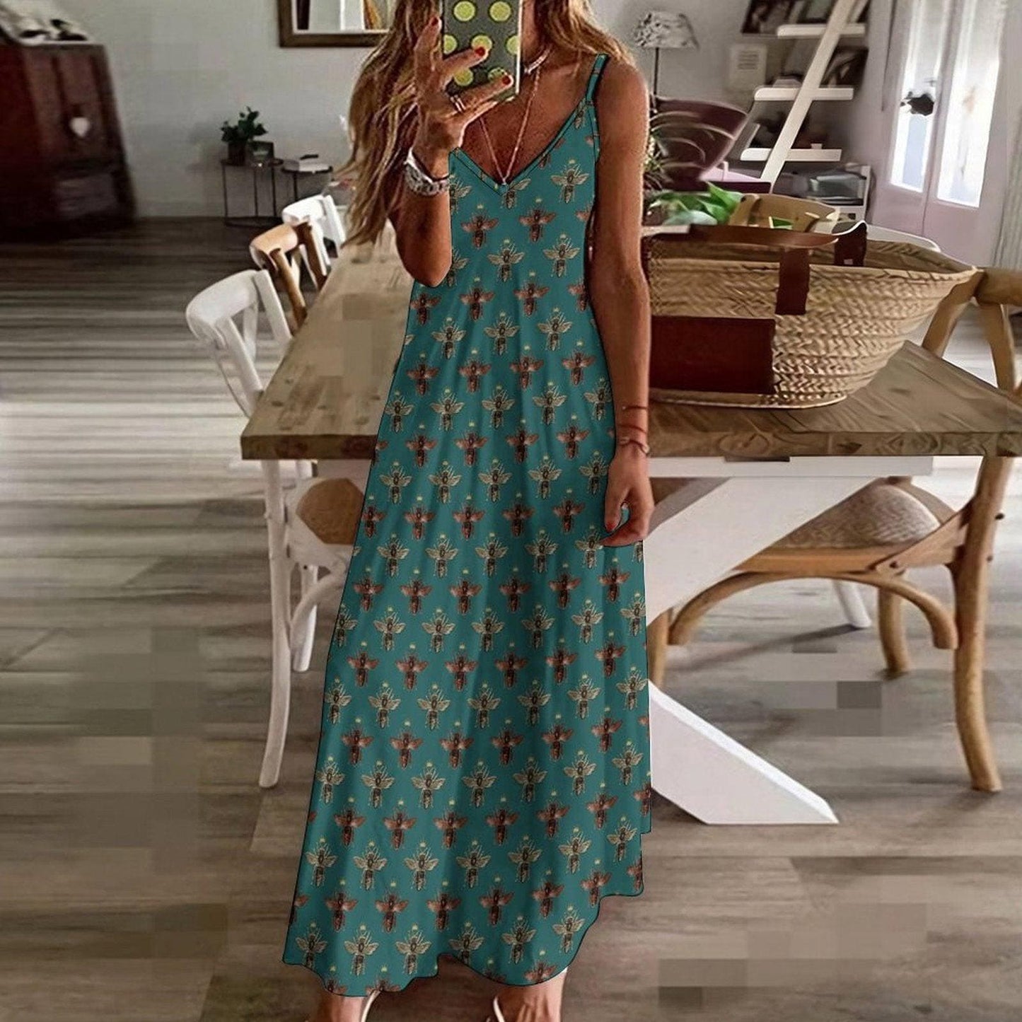Teal Green Bee Print Maxi Dress, Vintage Honeybee Cottagecore Sundress