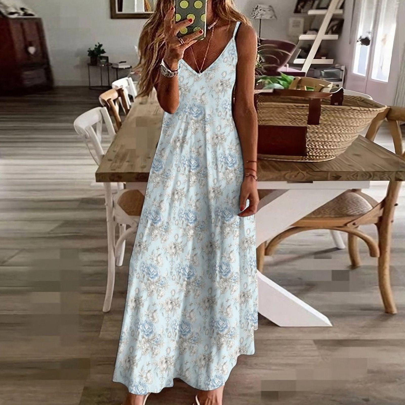 Powder Blue Floral Maxi Slip Dress, Cottagecore Spaghetti Strap Sundress
