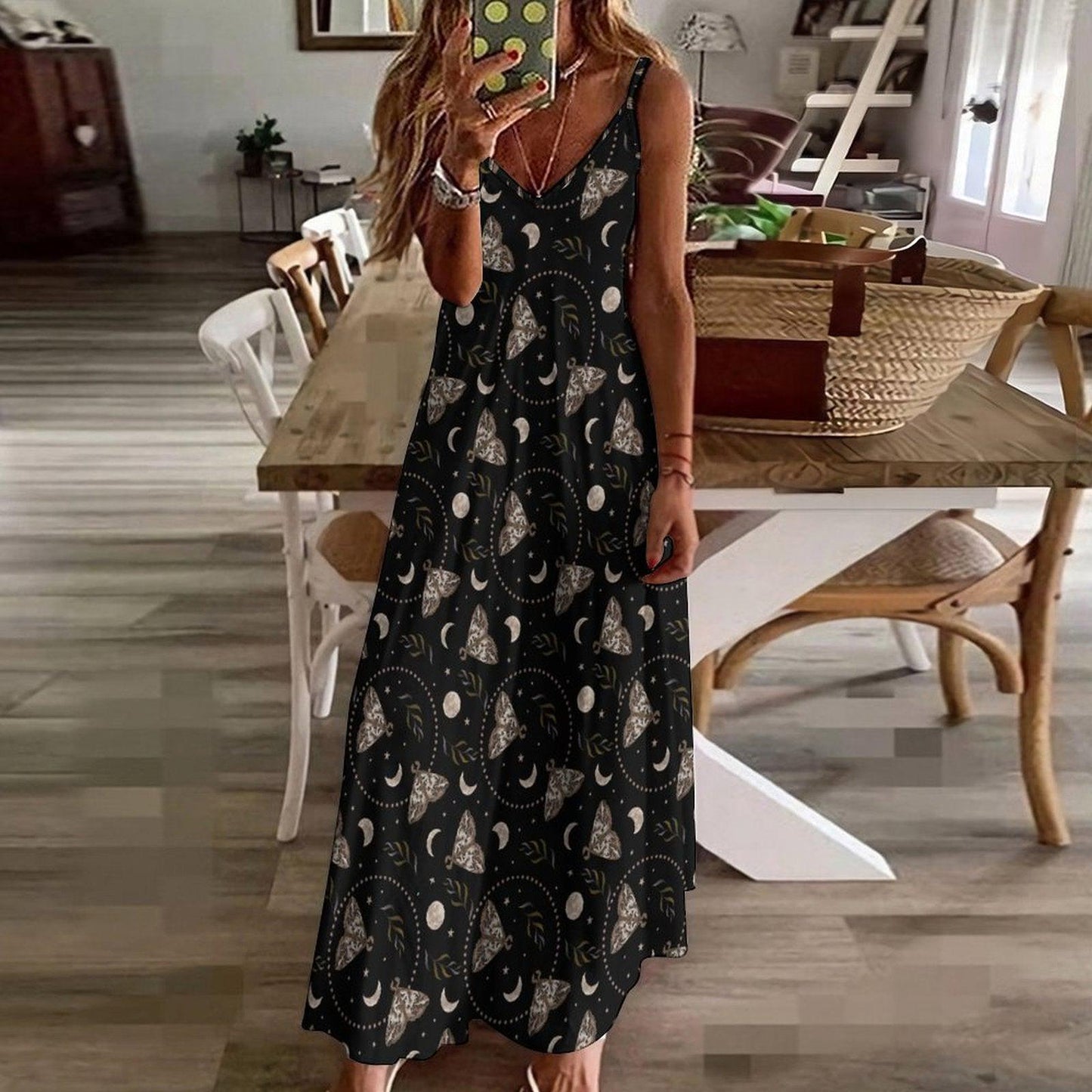 Black Moth and Moon Phase Print Maxi Dress with Spaghetti Straps