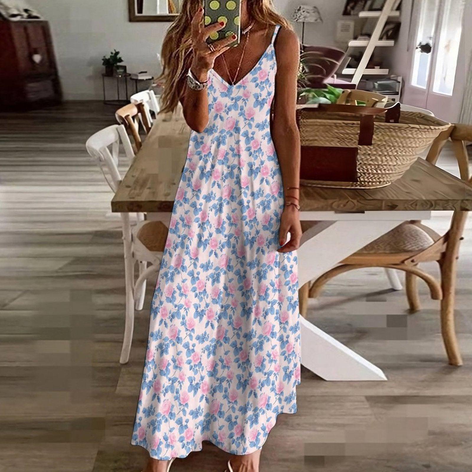 Blue Watercolor Floral Maxi Dress, Pink Rose Print Sundress, V Neck Spaghetti Straps