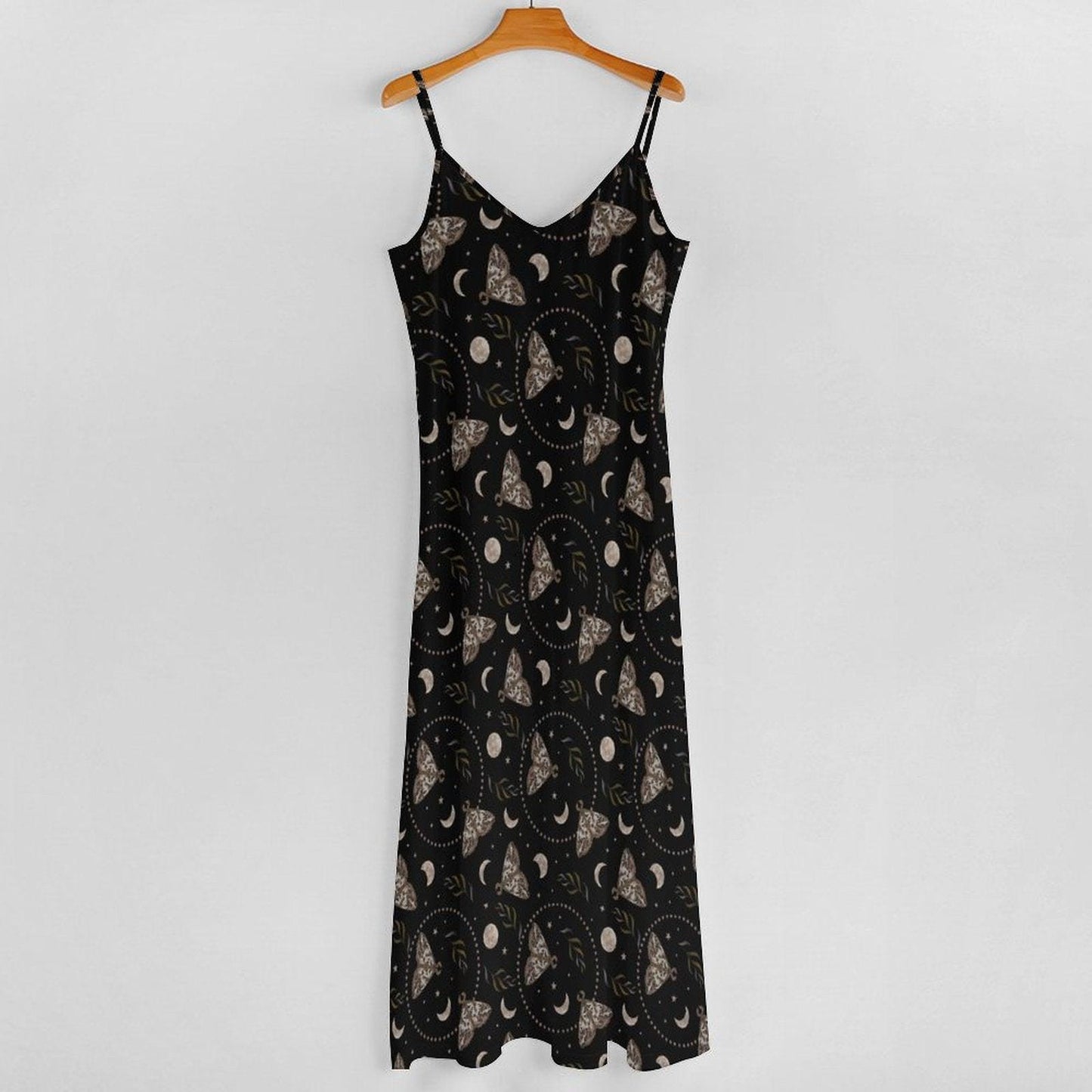 Black Moth and Moon Phase Print Maxi Dress with Spaghetti Straps