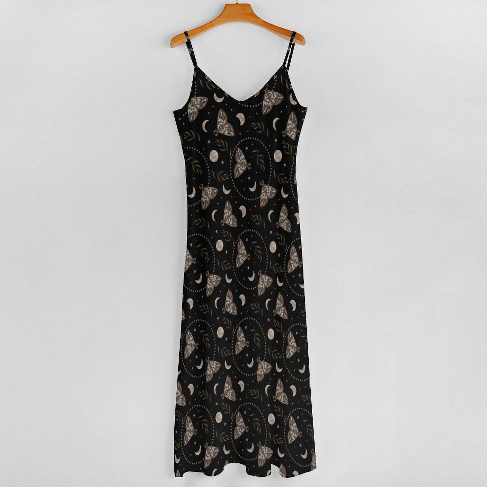 Black Moth and Moon Phase Print Maxi Dress with Spaghetti Straps