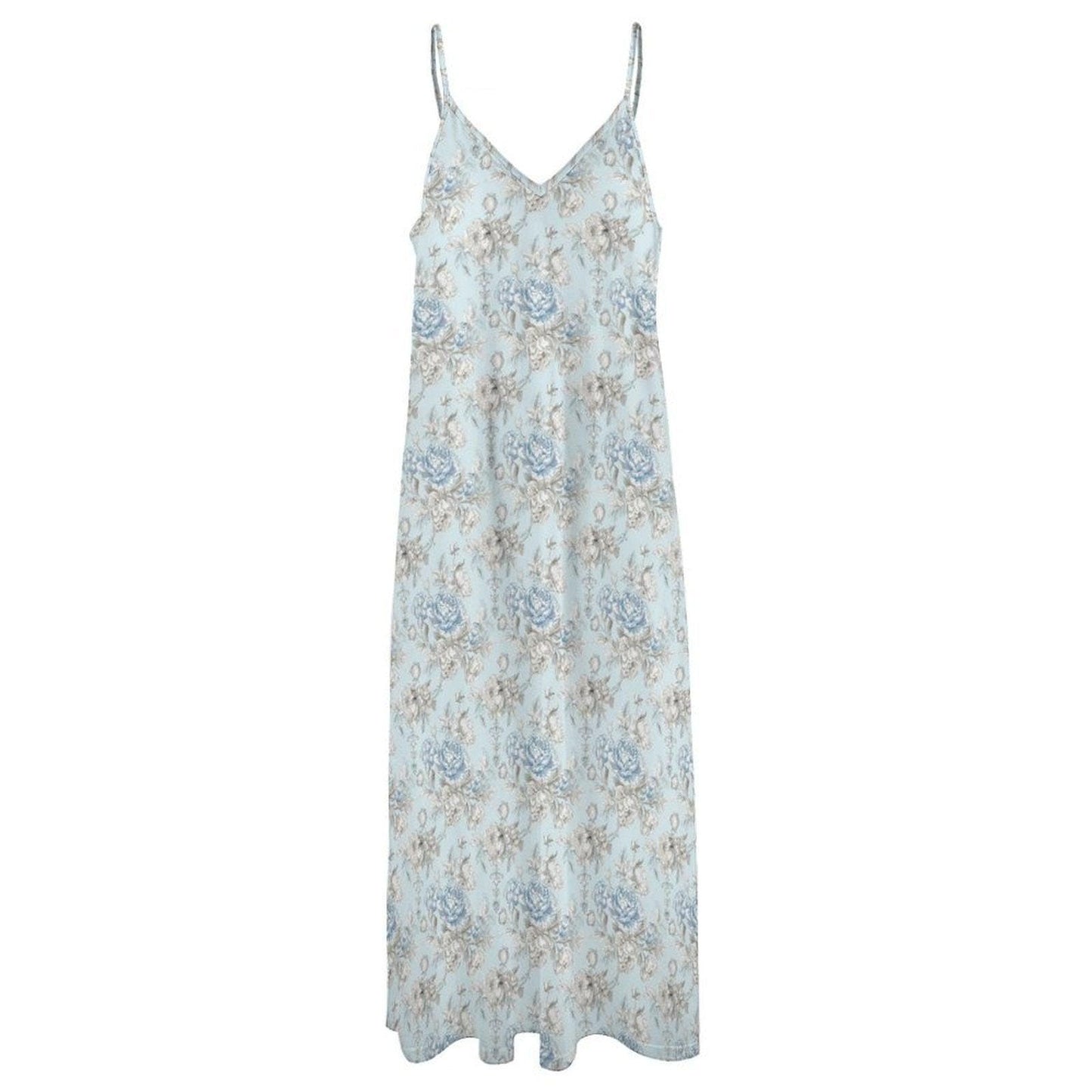 Powder Blue Floral Maxi Slip Dress, Cottagecore Spaghetti Strap Sundress