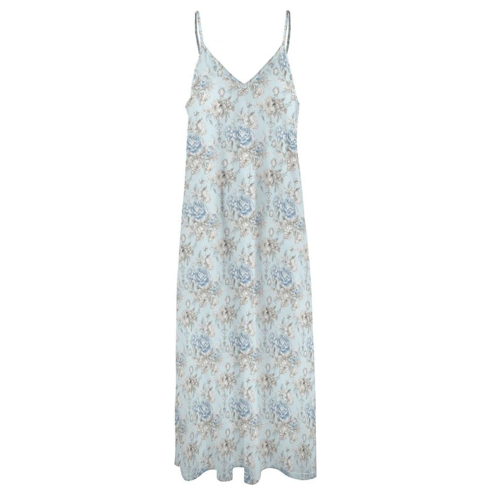 Powder Blue Floral Maxi Slip Dress, Cottagecore Spaghetti Strap Sundress