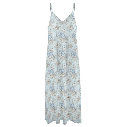 Powder Blue Floral Maxi Slip Dress, Cottagecore Spaghetti Strap Sundress