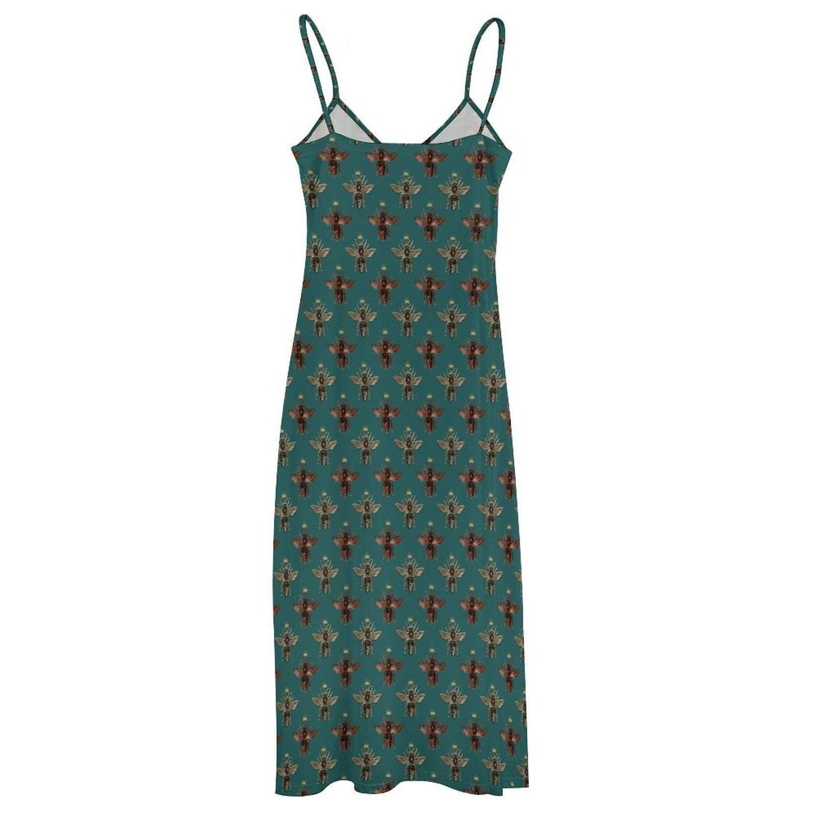 Teal Green Bee Print Maxi Dress, Vintage Honeybee Cottagecore Sundress