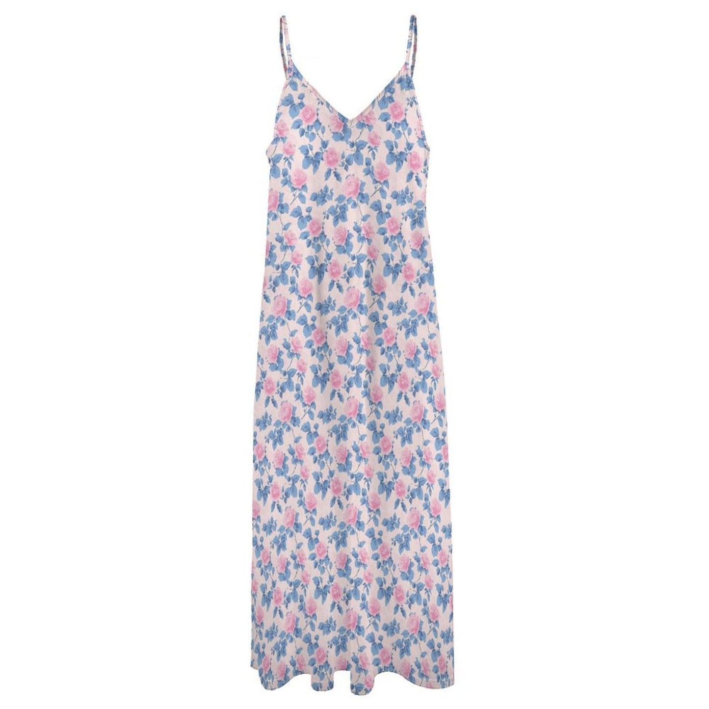 Blue Watercolor Floral Maxi Dress, Pink Rose Print Sundress, V Neck Spaghetti Straps