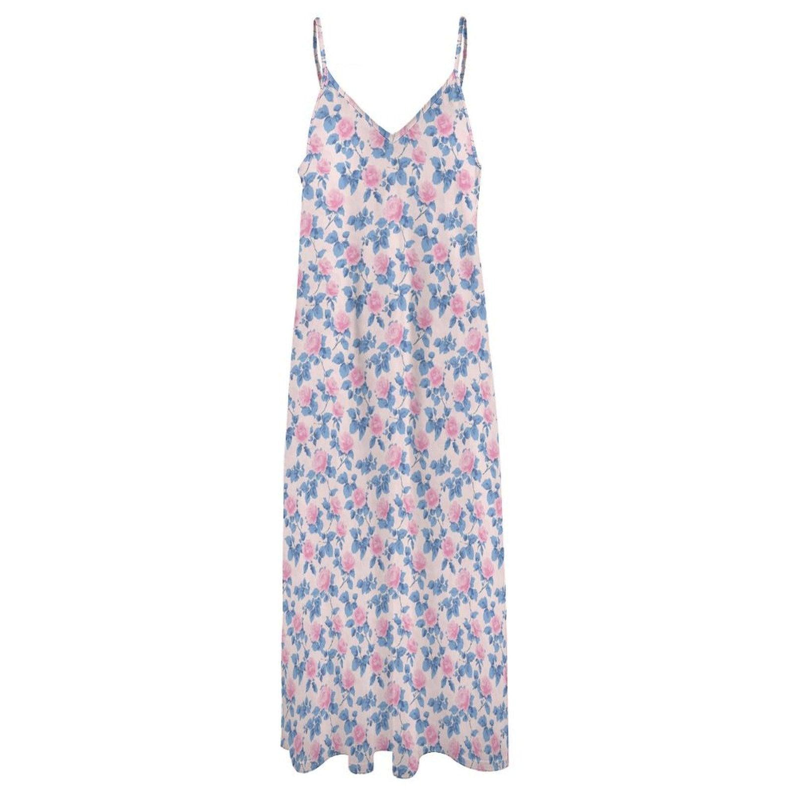 Blue Watercolor Floral Maxi Dress, Pink Rose Print Sundress, V Neck Spaghetti Straps