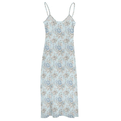 Powder Blue Floral Maxi Slip Dress, Cottagecore Spaghetti Strap Sundress