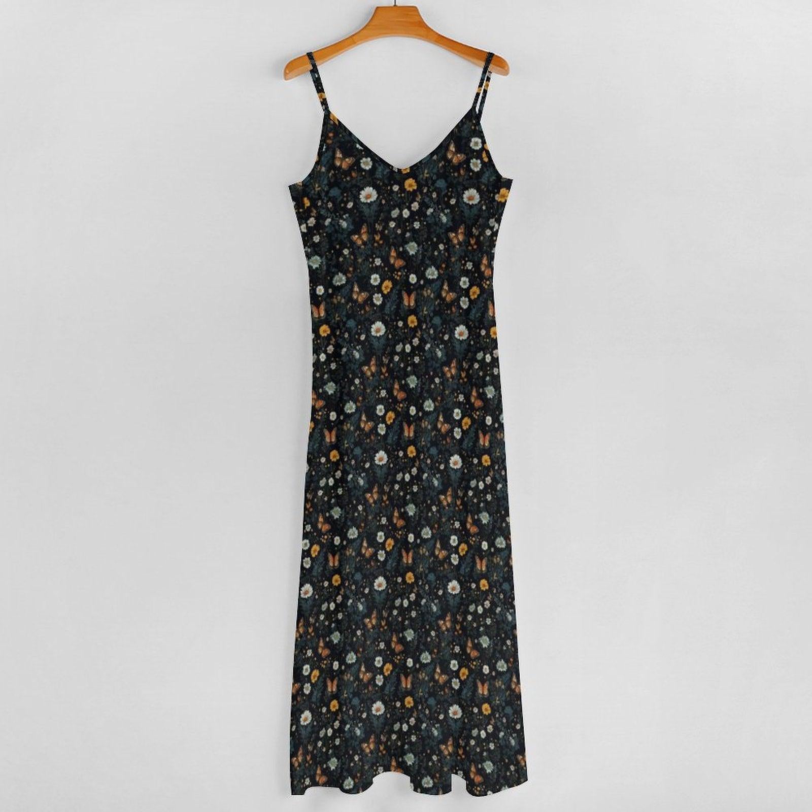 Black Daisy and Butterfly Ditsy Print Maxi Dress with Spaghetti Straps