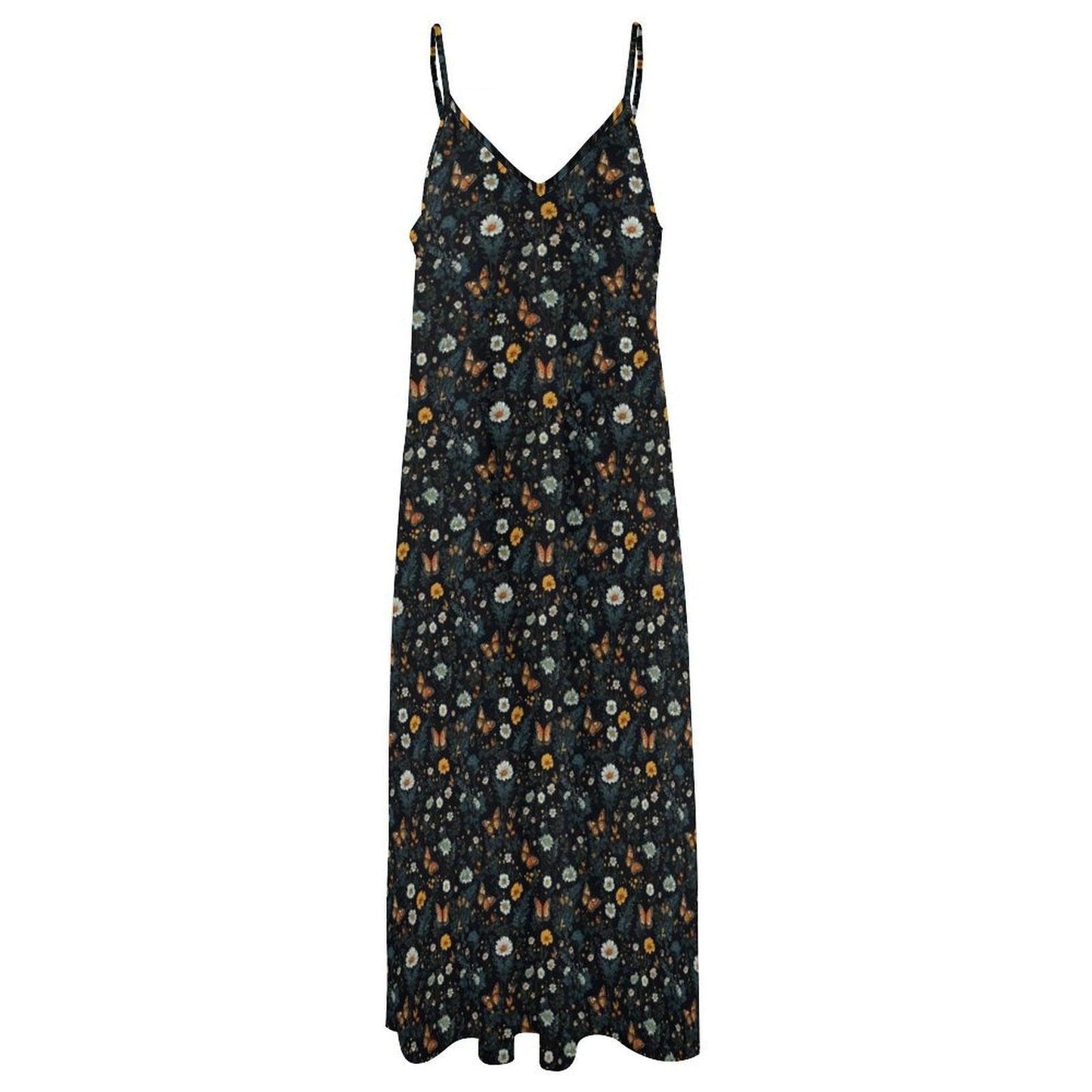 Black Daisy and Butterfly Ditsy Print Maxi Dress with Spaghetti Straps