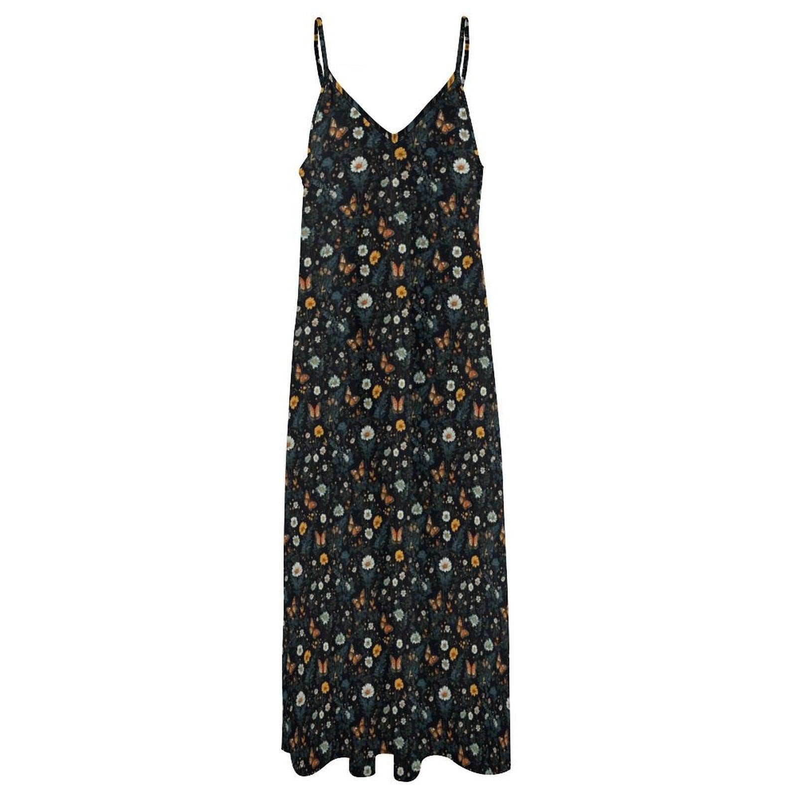 Black Daisy and Butterfly Ditsy Print Maxi Dress with Spaghetti Straps