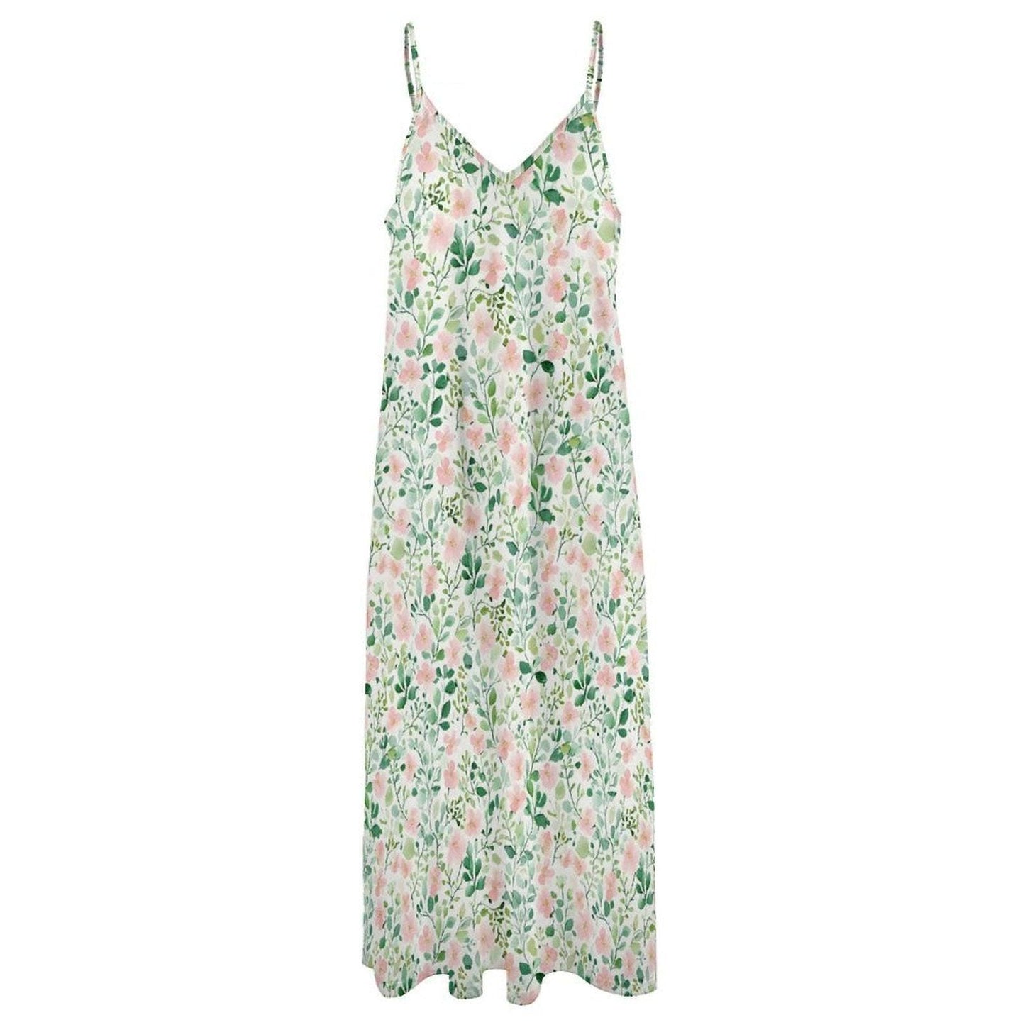 Watercolor Floral Maxi Dress, Sage Green, Pink Blooms, Cottagecore Slip Sundress