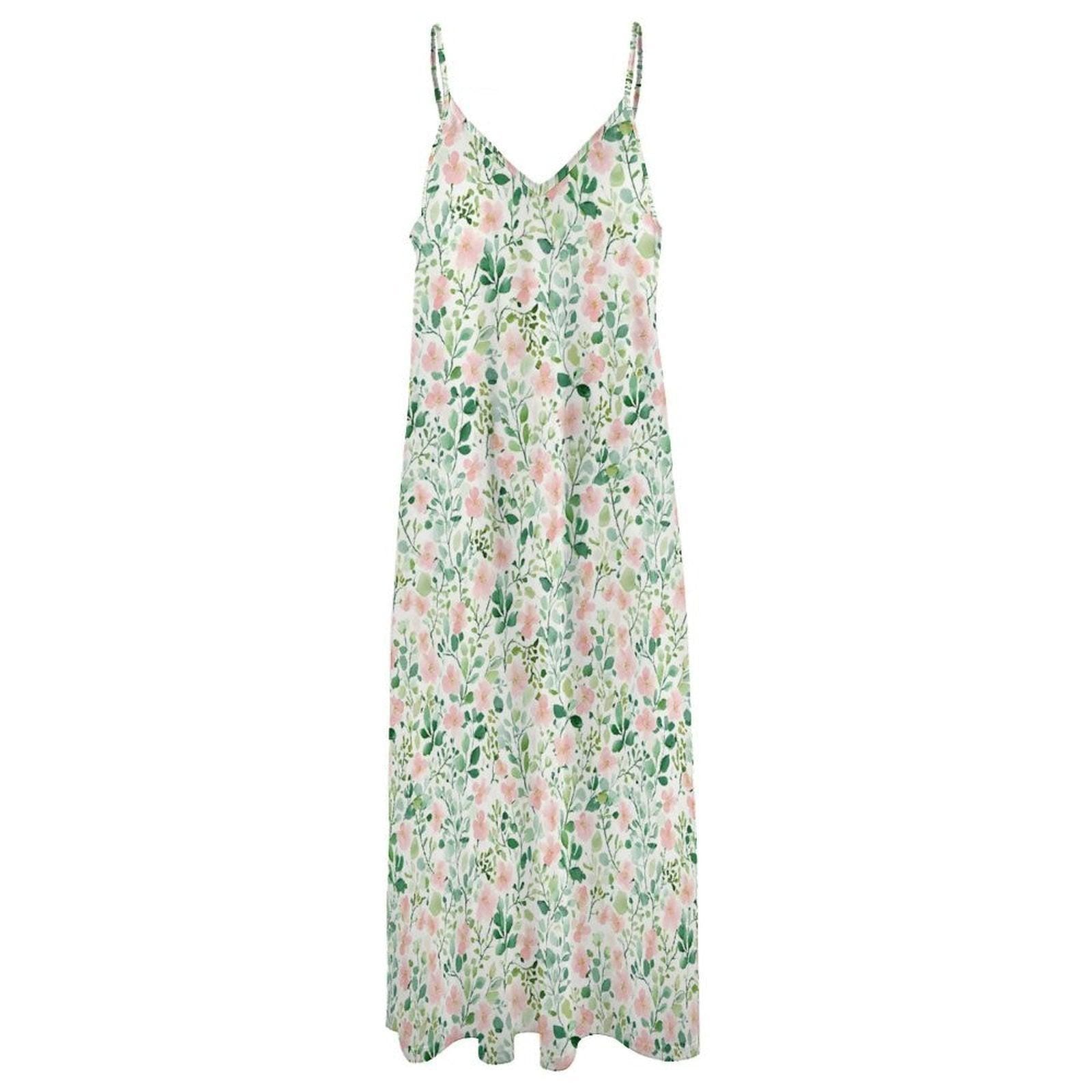 Watercolor Floral Maxi Dress, Sage Green, Pink Blooms, Cottagecore Slip Sundress