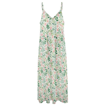 Watercolor Floral Maxi Dress, Sage Green, Pink Blooms, Cottagecore Slip Sundress