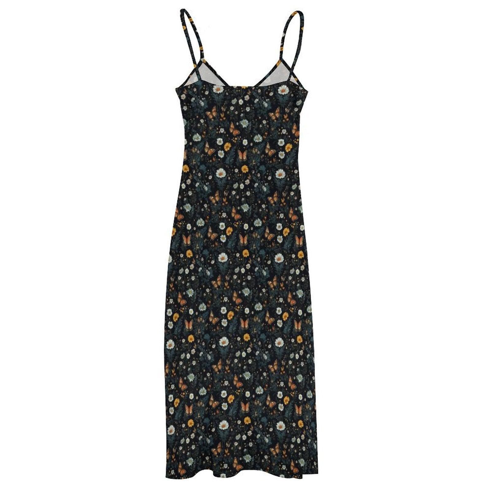 Black Daisy and Butterfly Ditsy Print Maxi Dress with Spaghetti Straps