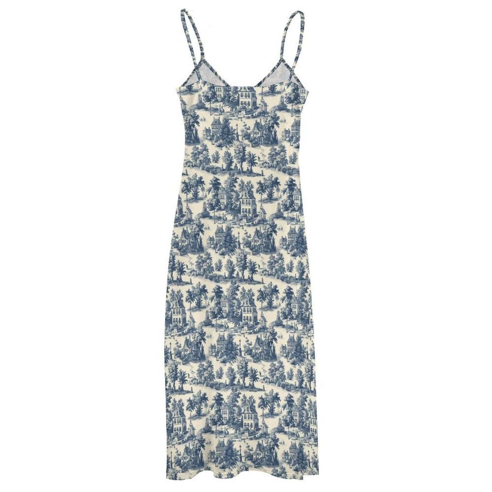 Blue Toile Maxi Dress, French Country Cottage Print Slip Sundress