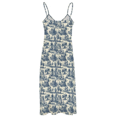 Blue Toile Maxi Dress, French Country Cottage Print Slip Sundress