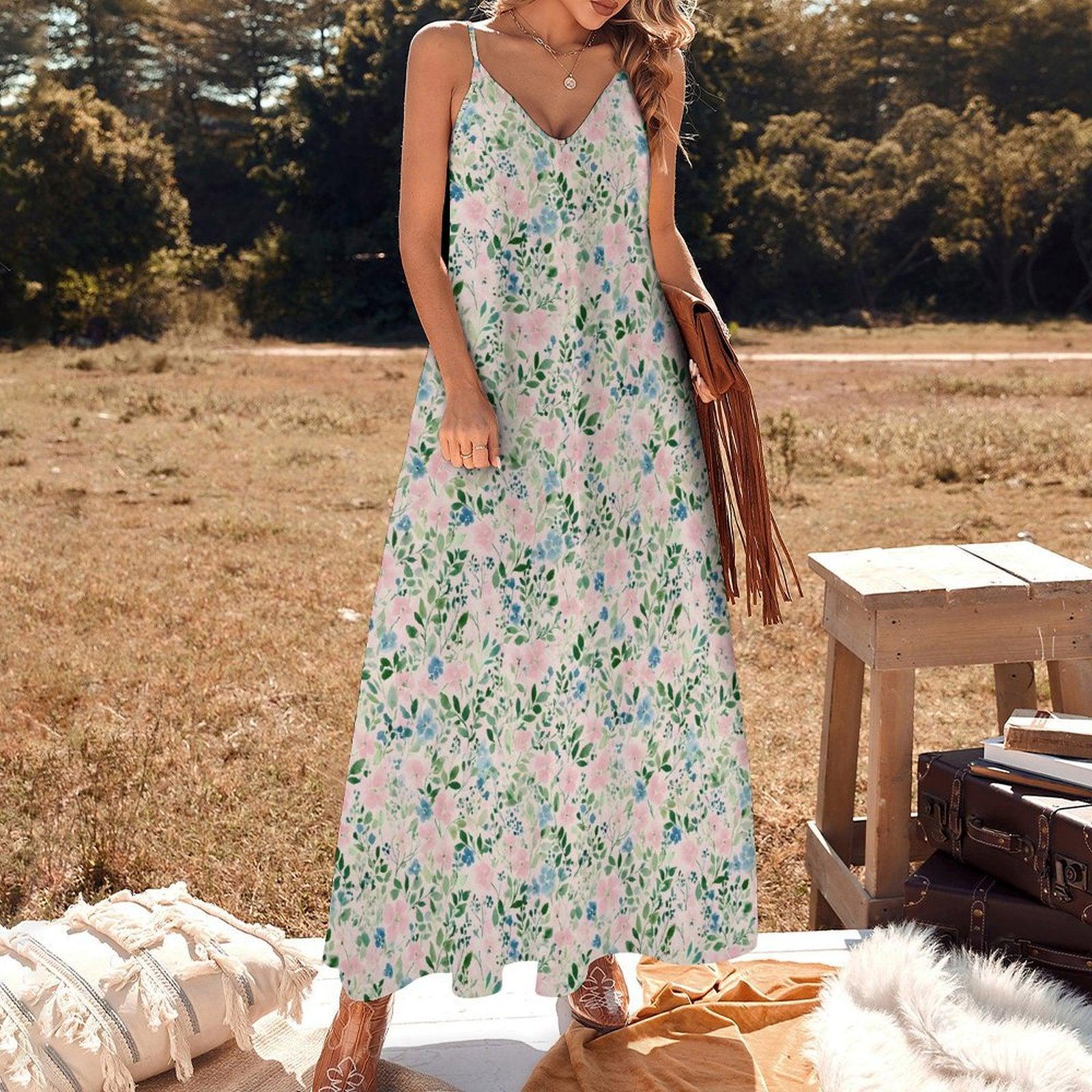 Watercolor Floral Maxi Dress, Blue Pink Ditsy Print Sundress, Summer Vacation Cami Slip