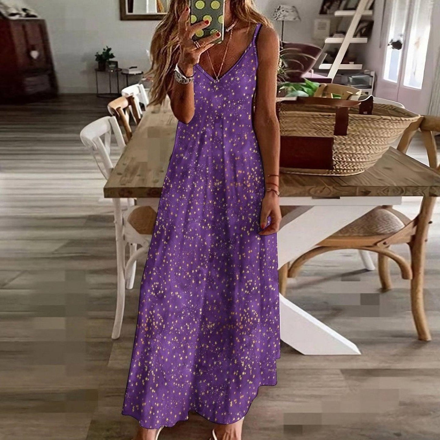 Celestial Maxi Dress, Purple Star Print, V-Neck Cami Sundress, Flowy Festival Wear