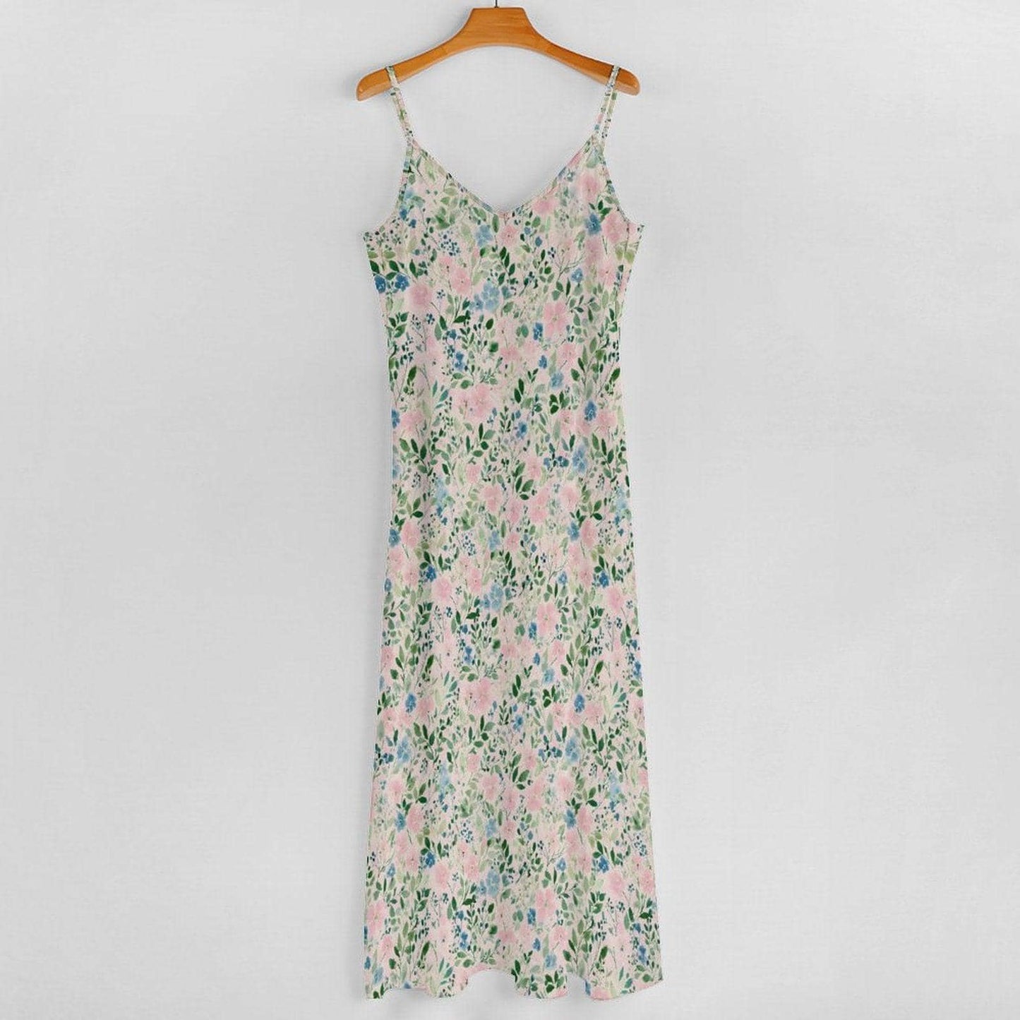 Watercolor Floral Maxi Dress, Blue Pink Ditsy Print Sundress, Summer Vacation Cami Slip
