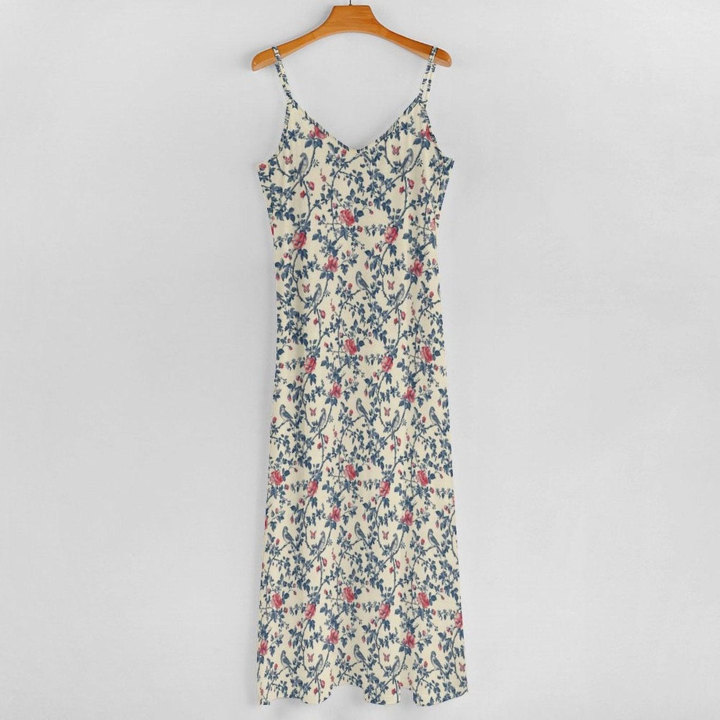 Vintage Floral Maxi Dress, Cream Rose Bird Print Sundress, Cottagecore Style
