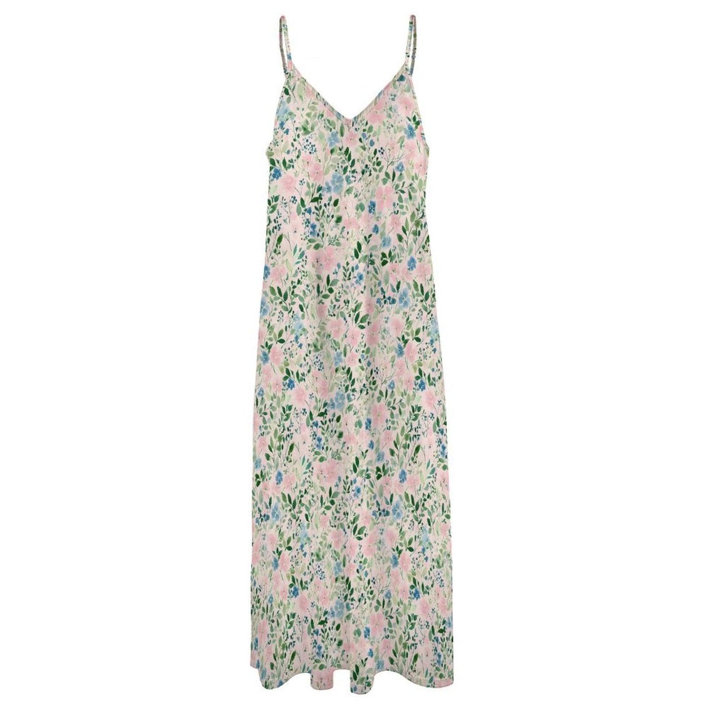 Watercolor Floral Maxi Dress, Blue Pink Ditsy Print Sundress, Summer Vacation Cami Slip